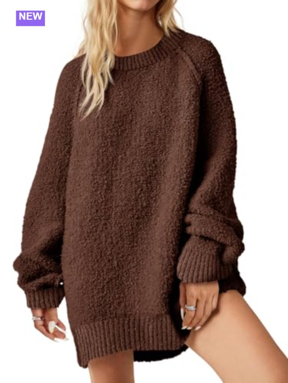 Oversized Fuzzy Crew Neck Tunic Sweater Long Sleeve Pullover